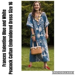 Frances Valentine Blue and White Peacock Caftan Embroidered Dress Size 16